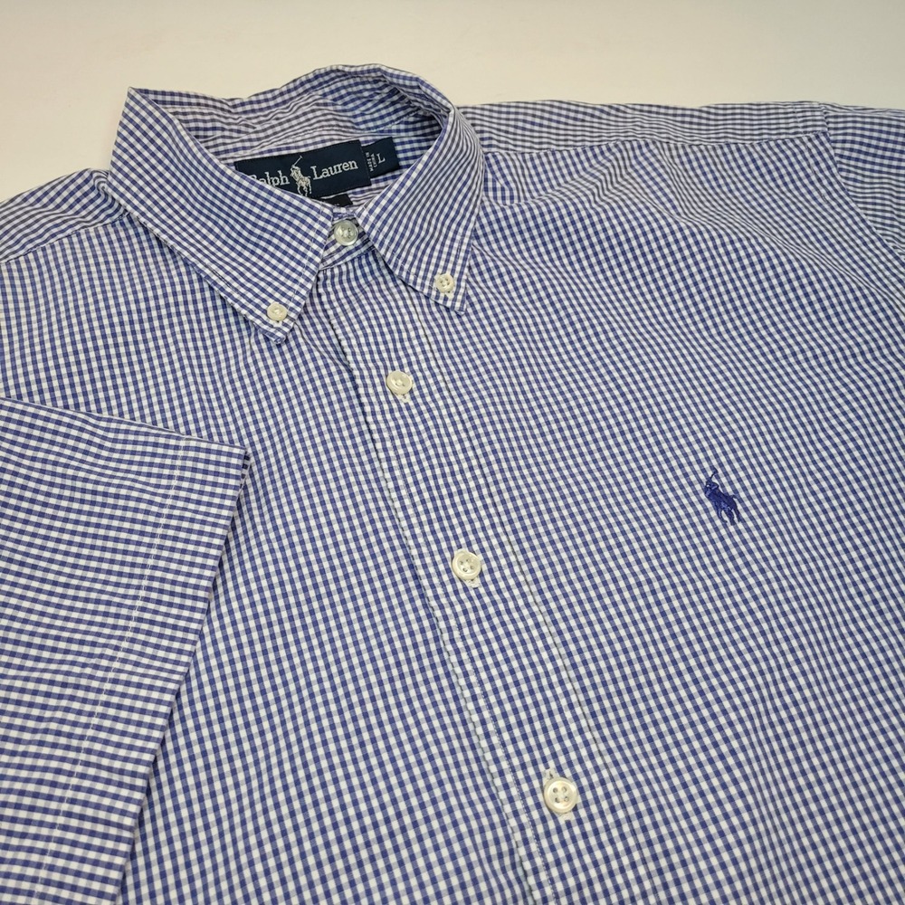 Ralph Lauren Blake Mens Large Blue White Gingham Cotton Short Sleeve Button Down